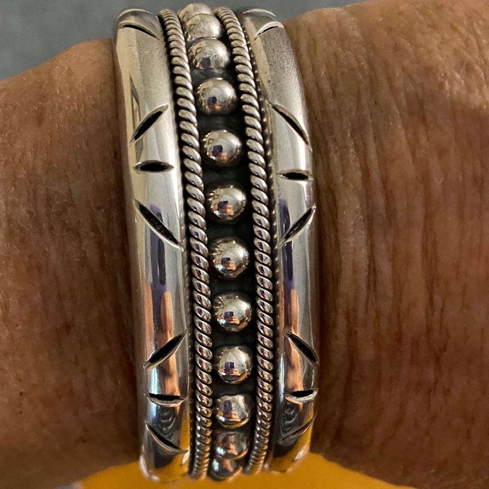 Sterling Silver Wide Beaded Cuff Bracelet | 44.7g